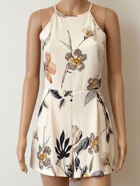 Windsor Floral Romper Lace Back Women’s Size L Cream Black Summer Dressy